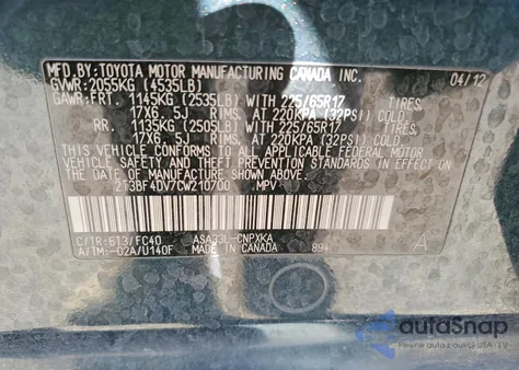 2012 Toyota Rav4 z USA, uszkodzony, nr VIN 2T3BF4DV7CW210700